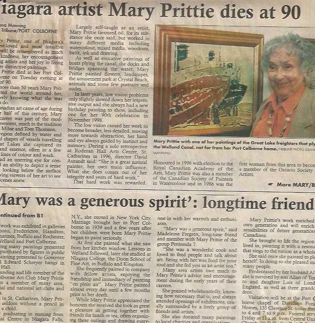 A newspaper article with a photo of Mary Prittie. The article discusses her artistic work, her death at age 90, and her contributions as an artist.