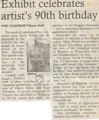 Article titled 'Exhibit celebrates artist's 90th birthday' with a photo of a woman. The article discusses her work, exhibitions, and her significance in the art world.