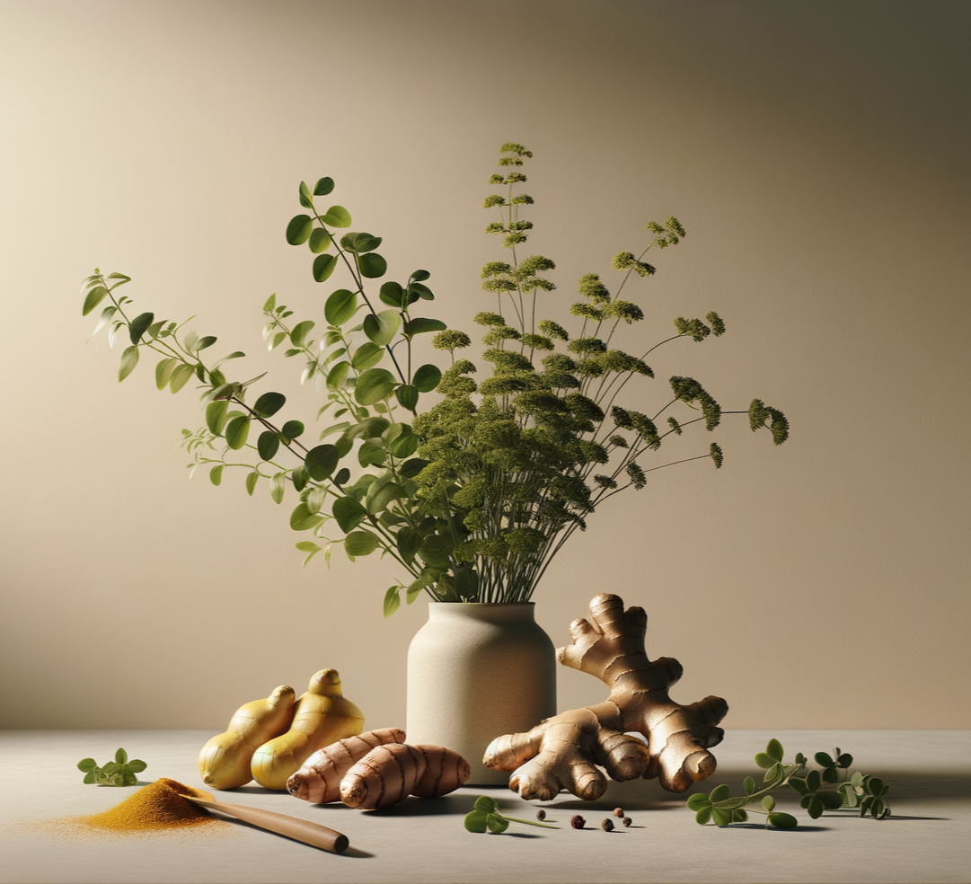 Blooming plant and ginger root representing ethos of Root and Flow Reflexology practice