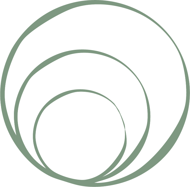 Four concentric greenish-gray circles with black spaces between Them, arranged in a spiral pattern on a white background.