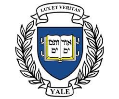 Yale University crest with blue shield, an open book, and Latin inscription 'Lux et Veritas' surrounded by laurel branches.