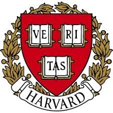 Harvard University shield with a red background, three open books with Latin words 'VET', 'RI', 'TAS', and a white banner reading 'HARVARD' beneath.