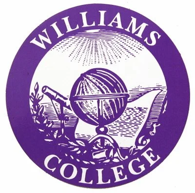 Williams College logo featuring a globe, a telescope, and a book with a purple circular background