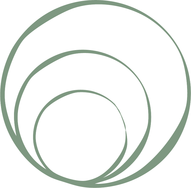 Four overlapping spiral shapes in shades of green on a black background.