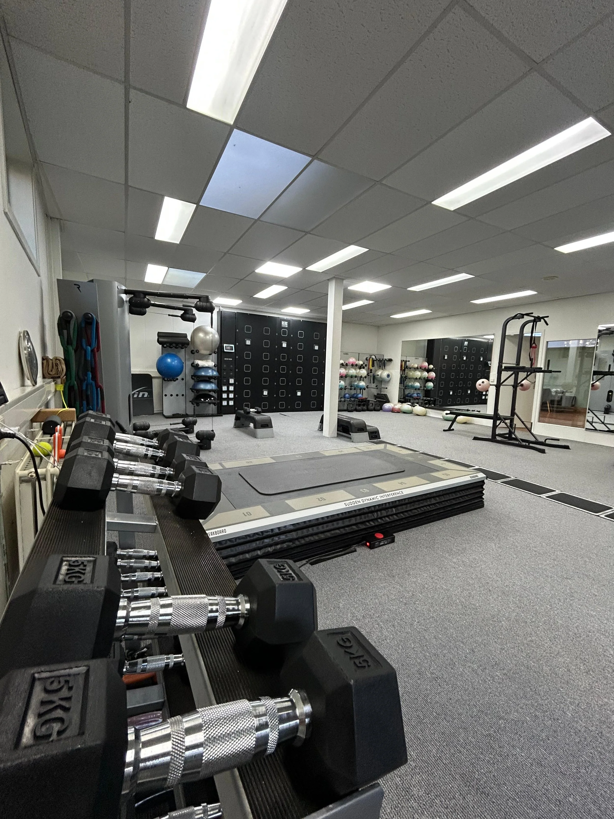 Diversen fitnessapparaten, gewichten en trainingstoestellen in een sportschool.