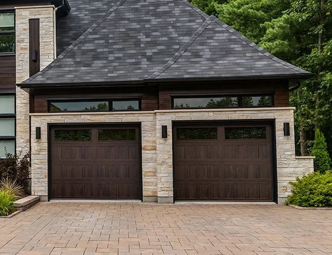 Two Dark Wooden Stamped Shaker Garage Doors