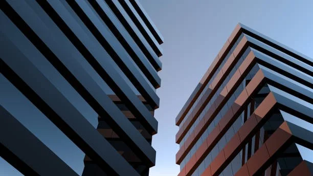 Due moderni edifici in vetro e acciaio visti dall'alto verso il basso