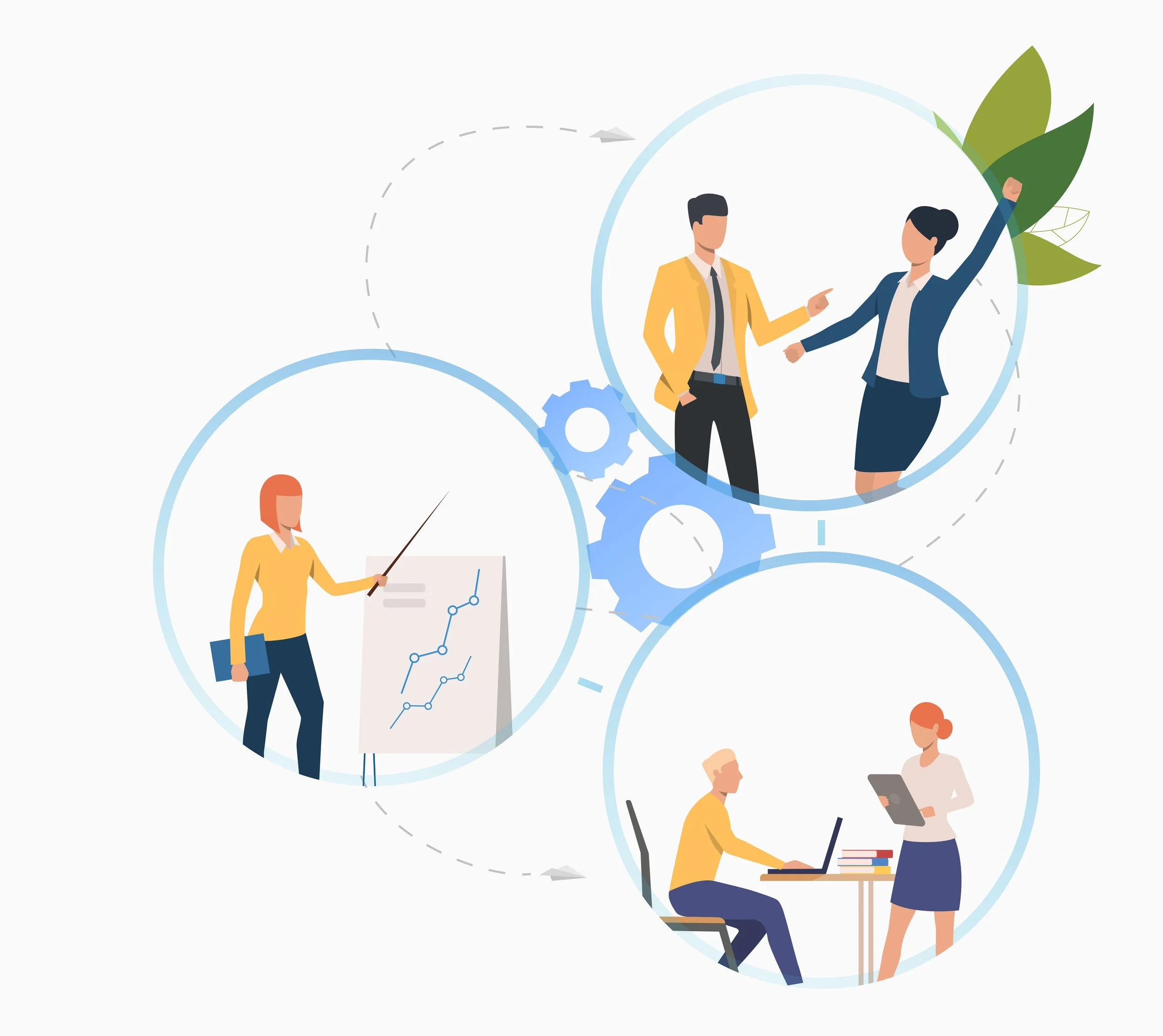 Illustrazione di persone in ambienti lavorativi, tra cui una donna con grafici e una donna con una tavoletta, e due persone che si stringono la mano in un contesto di collaborazione e networking.