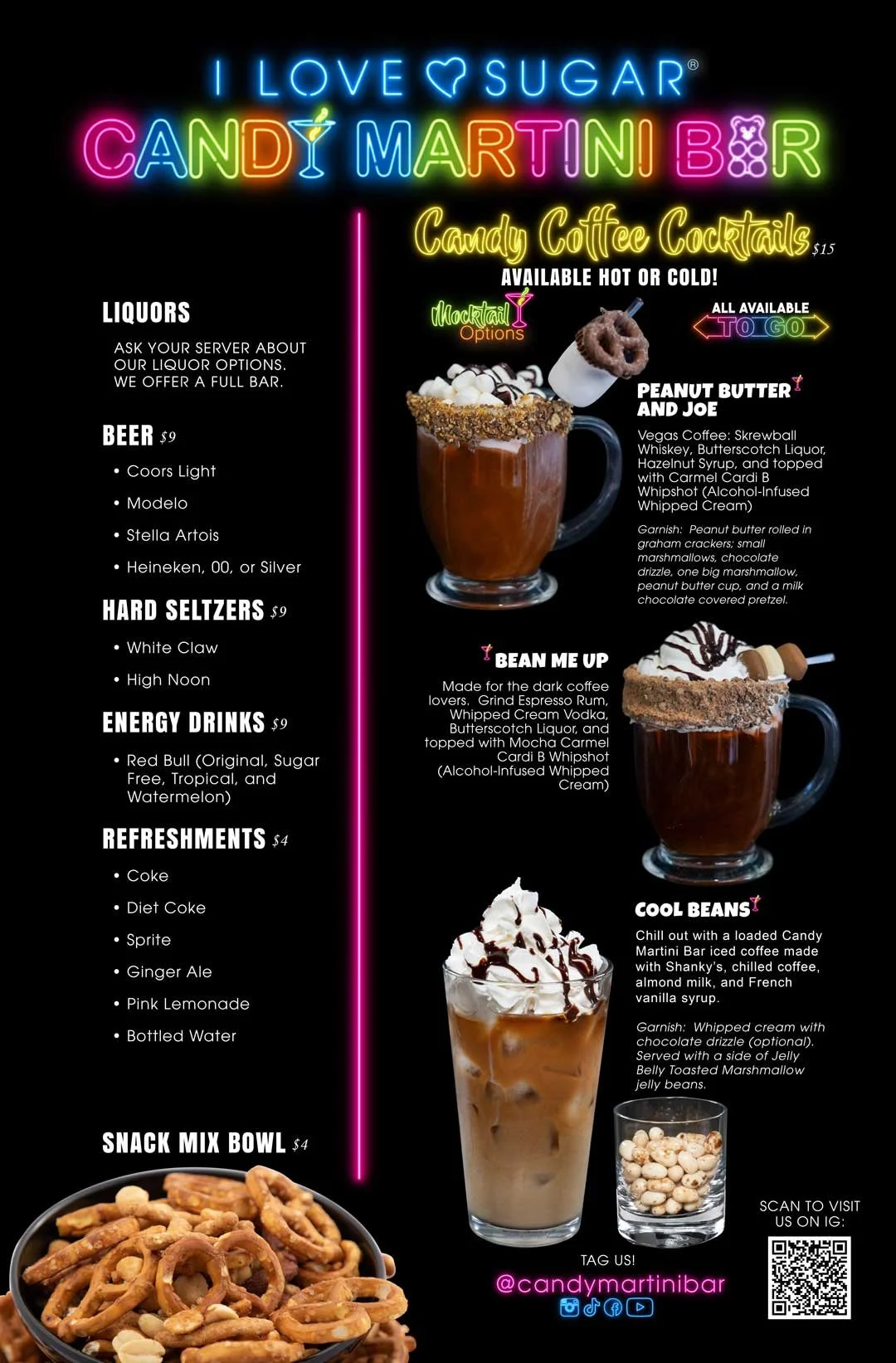 Full bar, coffee, beer, and more at the Candy Martini Bar