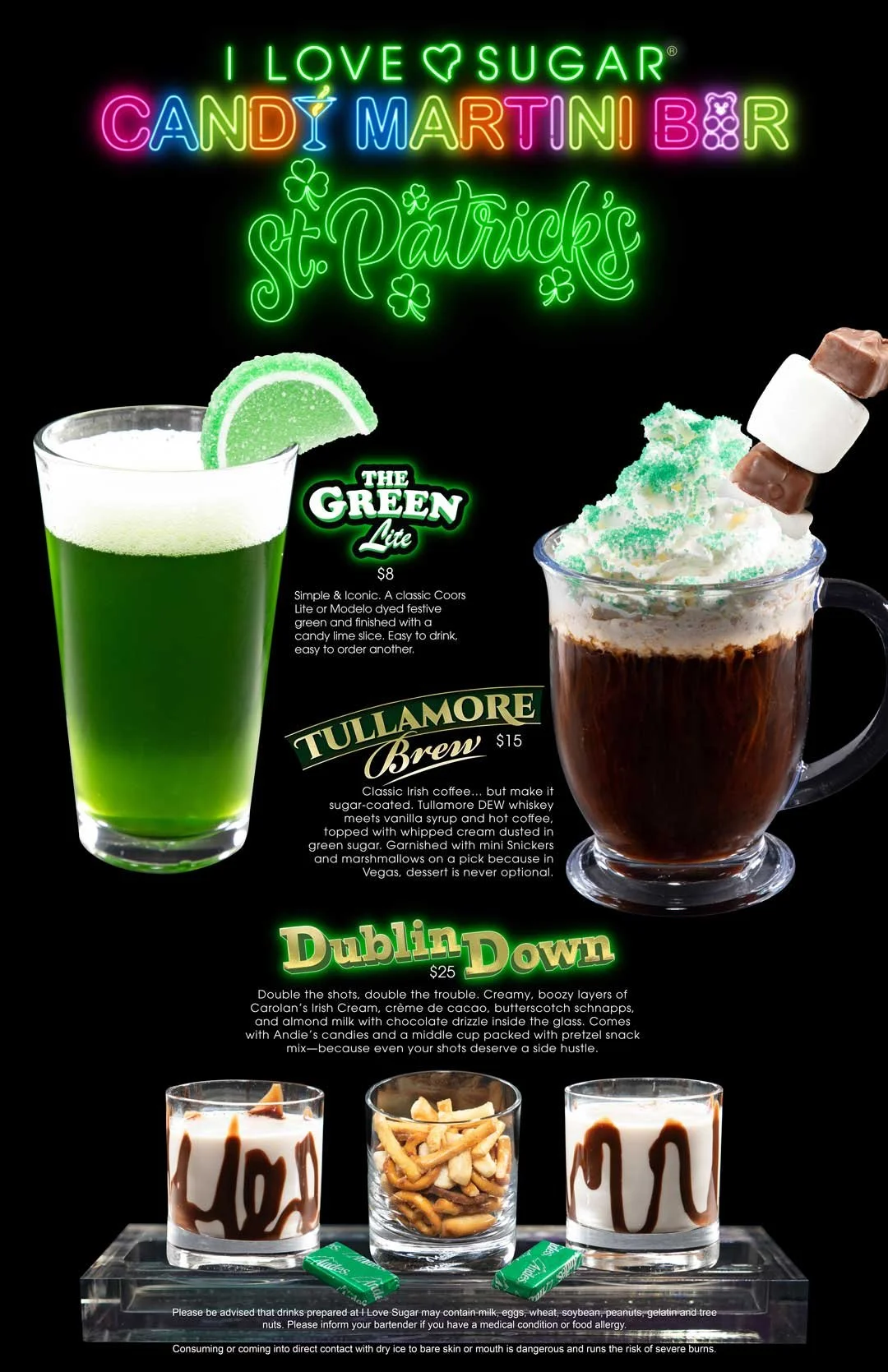 Green Beer, Irish Coffee, and St. Patrick's Day themed shots at the Candy Martini Bar.