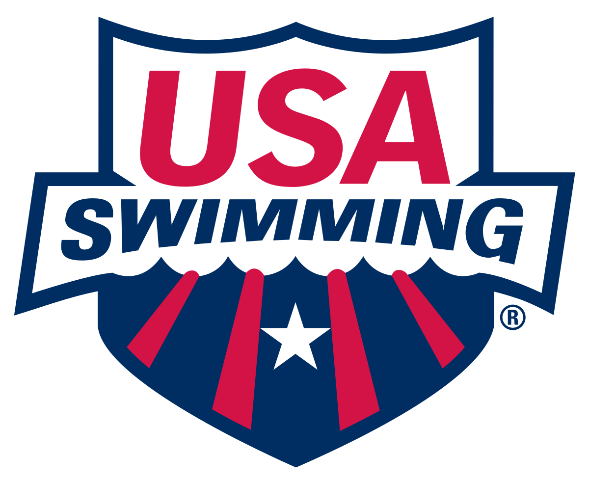 USA Swimming logo with patriotic red, white, and blue colors, featuring a shield shape, a white star at the bottom, and red stripes radiating upward.