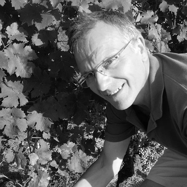 A man with glasses and short hair smiling and crouching in front of grapevines.