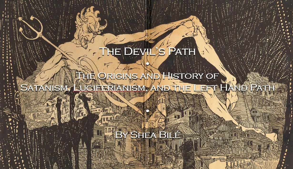 Cover image for The Devil’s Path by Shea Bilé (Shea Bile), depicting a classical demonic figure holding a trident above a cityscape, representing the origins and history of Satanism, Luciferianism, and the Left Hand Path.