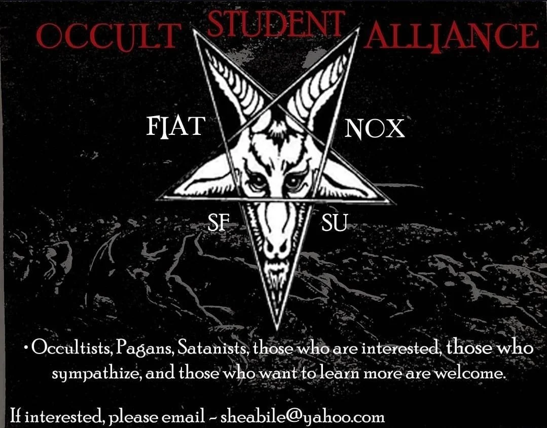 Logo of the Occult Student Alliance featuring a Baphomet image with the words FIAT, NOX, SFSU. Background shows the Witche's Sabbath. Text invites the interested individuals to join.
