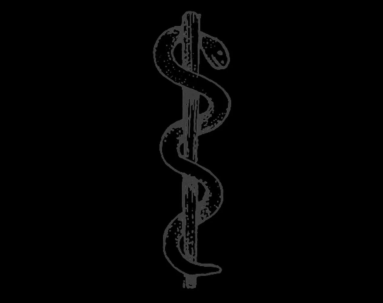 Occult symbol illustration of a serpent coiled around a vertical staff, rendered in a stark monochrome style against a black background.