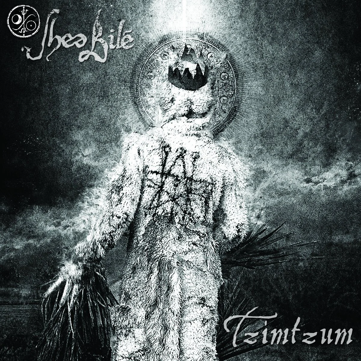 Album cover for Tzimtzum by Shea Bilé (Shea Bile), depicting Shea Bilé from behind wearing a Max suit with an Astaroth sigil burned into the back, rendered in a dark, atmospheric ritual style with occult symbolism.