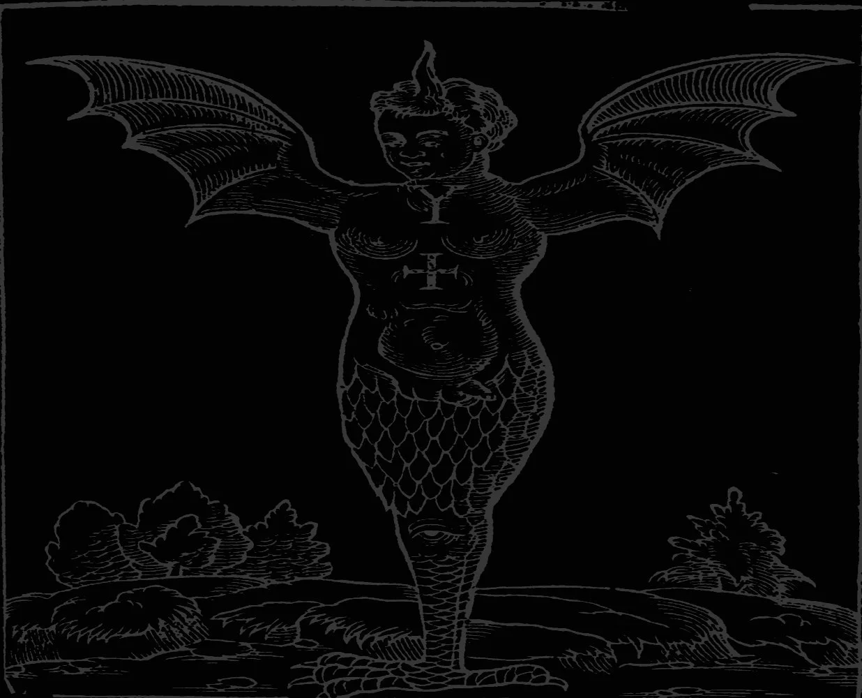 Occult illustration of a winged demonic female figure with bat-like wings and a serpentine lower body, rendered in a stark black-and-white style associated with Left Hand Path symbolism.