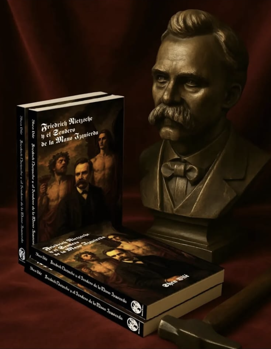 Spanish-language edition hardcover copies of Friedrich Nietzsche and the Left Hand Path by Shea Bilé (Shea Bile)displayed beside a sculpted bust of Friedrich Nietzsche against a dark red background.