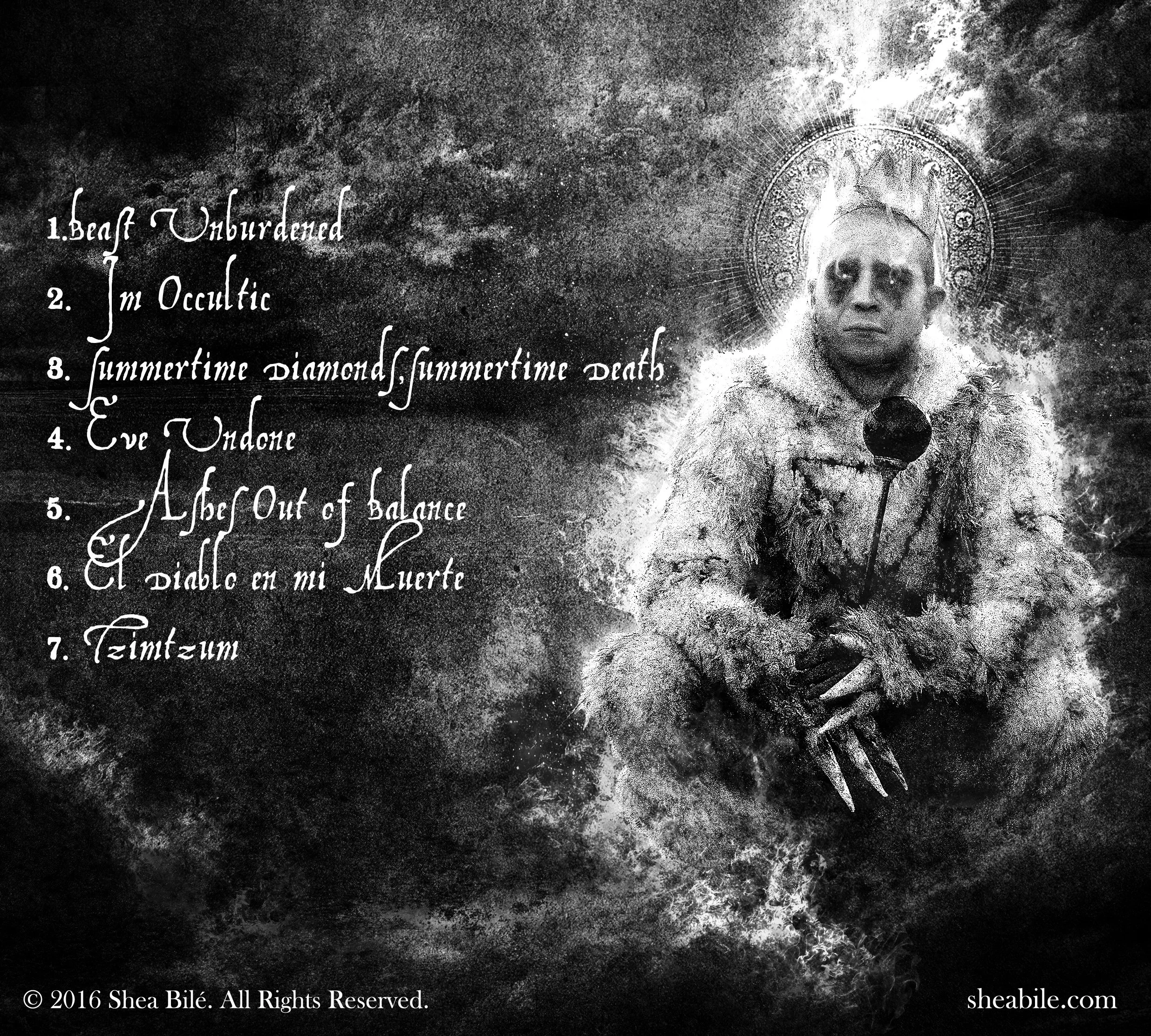 Back cover of the album Tzimtzum by Shea Bilé (Shea Bile), featuring the full track list alongside a dark ceremonial image of Shea Bilé crouched in a Max suit with ritual symbolism and a halo-like motif.