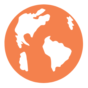 White silhouette of the continents on an orange circular background, representing a simplified world map.