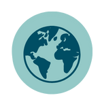 Icon of the Earth showing continents in blue within a circular border.