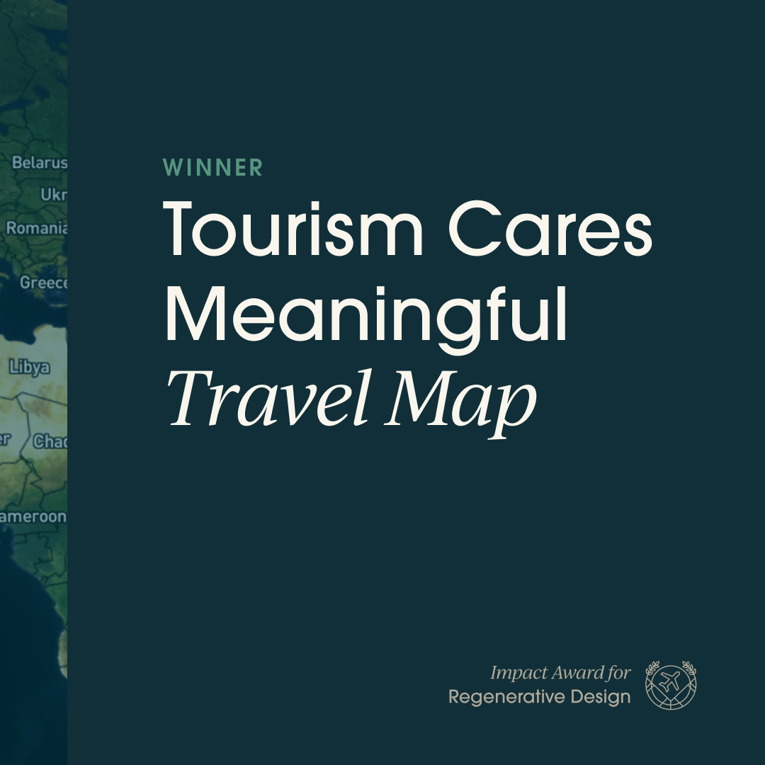 Cover of a travel map titled 'Tourism Cares Meaningful Travel Map' with a dark background and a partial world map on the left side.