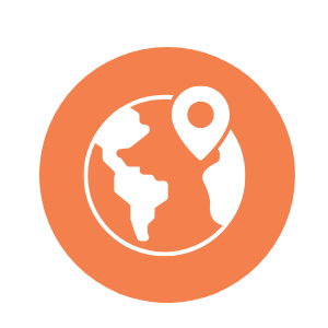 An orange circle with a white graphic of a world and a location pin overlayed on top.