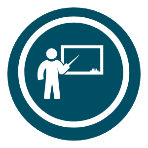 Icon of a person pointing at a blackboard with graph or chart, inside a circular frame.