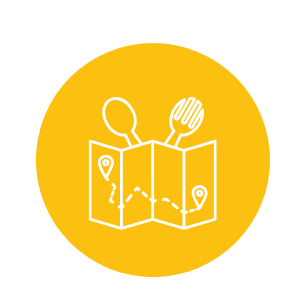 A yellow circle with a white graphic of a map with a fork/spoon overlayed on top.