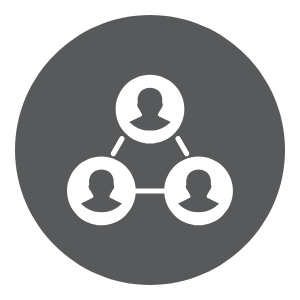 Icon of a network with three connected user silhouettes inside a gray circle.