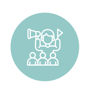 Icon of a person speaking into a megaphone with three people listening, representing a speaker or instructor.