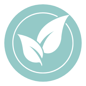 A logo featuring two stylized leaves inside a circle with a light blue background.