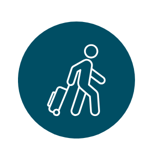 A navy circle with a white graphic image of a person carrying a suitcase behind them overlayed on top.