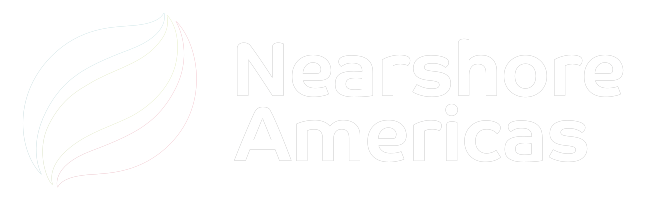 Logo of Nearshore Americas featuring a black and white abstract leaf symbol and the company name in white text on a black background.