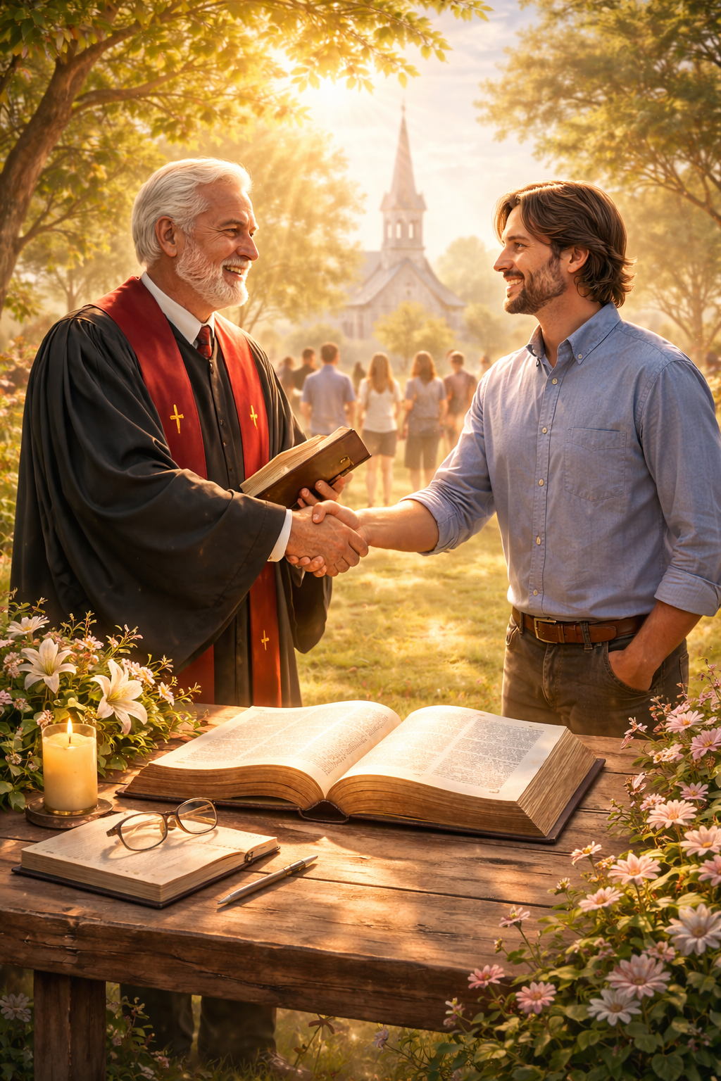 A man in a blue shirt shaking hands with a pastor in religious robes outdoors during a sunny, spring day. There are open books, a candle, glasses, and a pen on a wooden table in front of them, surrounded by blooming flowers.