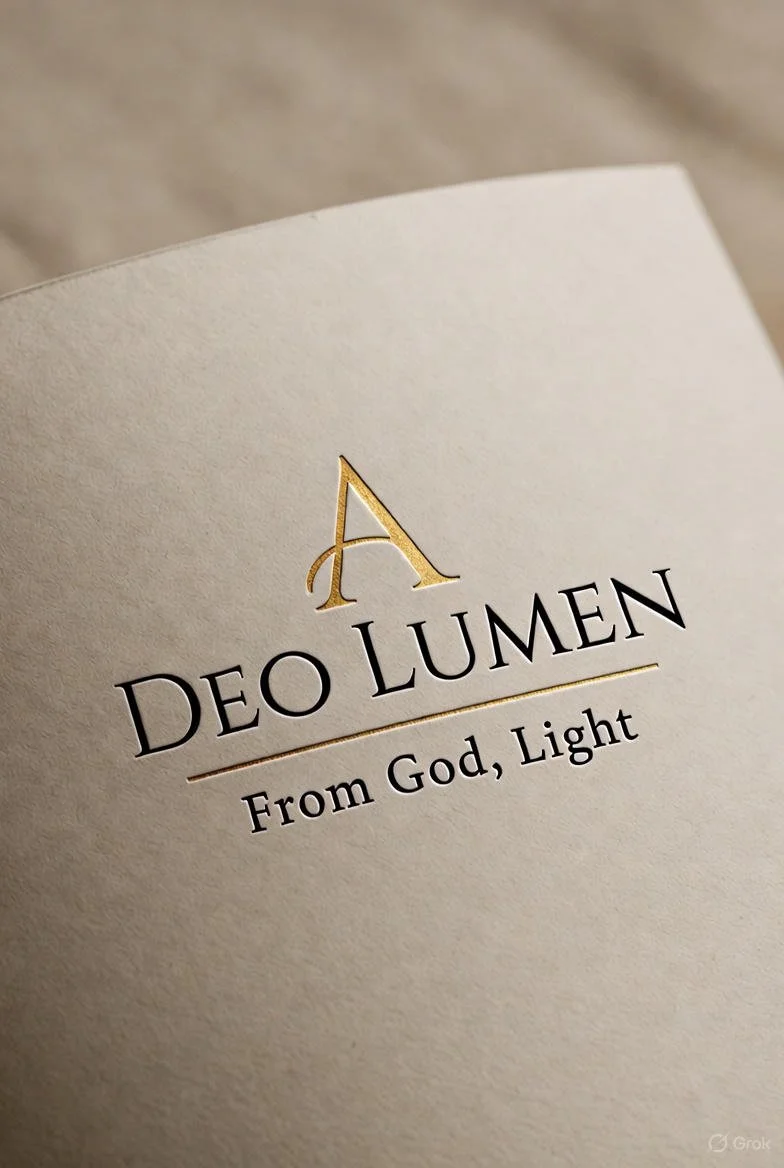 Close-up of a cream-colored card with gold and black embossed text that says 'A DEO LUMEN From God, Light'.