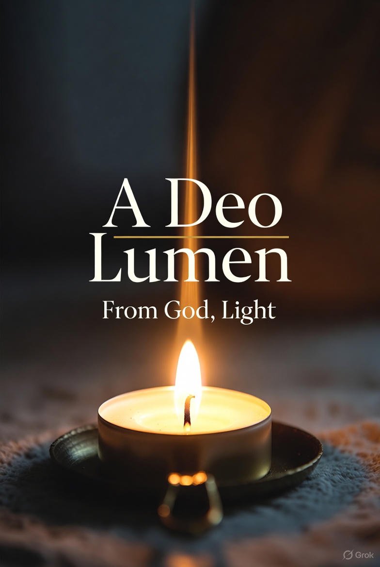 A lit candle placed on a dish with soft, warm lighting and a dark, blurred background. Text overlay reads "A Deo Lumen" and "From God, Light".