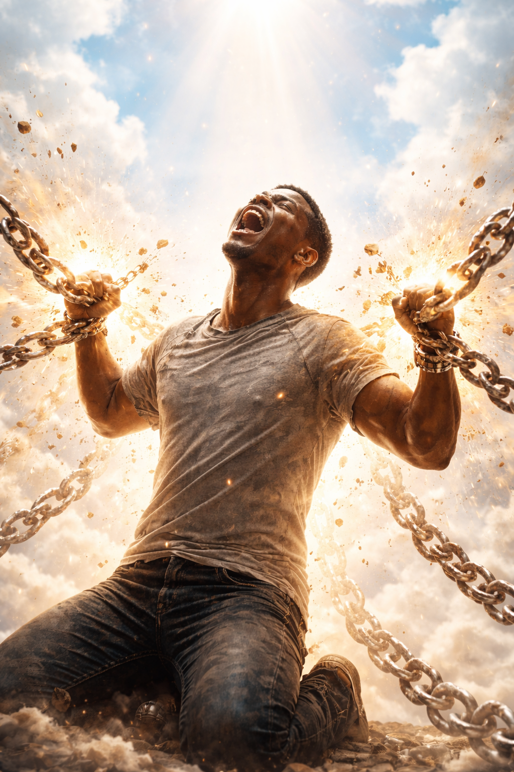 A young man kneeling on the ground, holding heavy chains, with an intense expression on his face, surrounded by dust and debris, under a bright sky with sun rays.