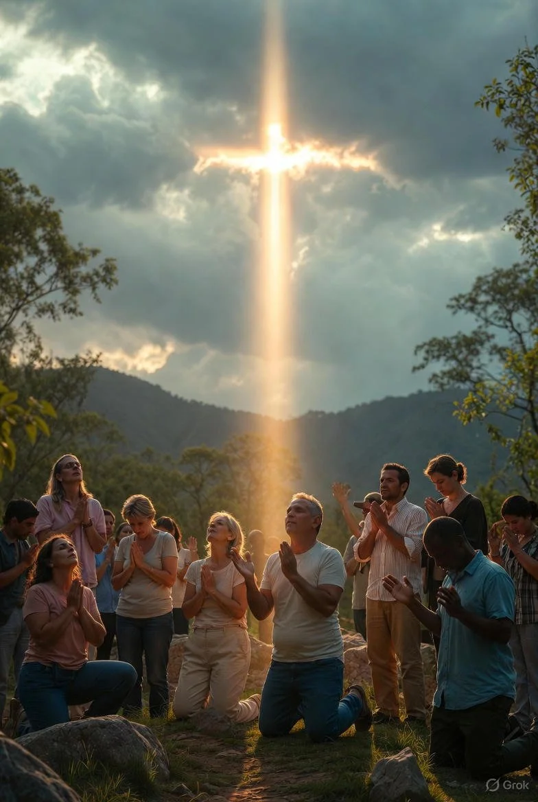 Group of people praying outdoors in front of a cross-shaped sunlight beam coming through clouds in a mountainous area.