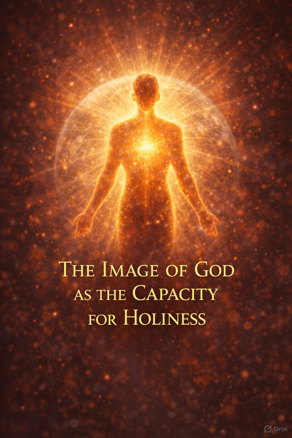 A glowing, radiant figure representing a divine or spiritual being with a bright light at the chest, surrounded by a shimmering halo of light, against a cosmic background with sparkling particles, accompanied by the text 'The Image of God as the Capacity for Holiness'.