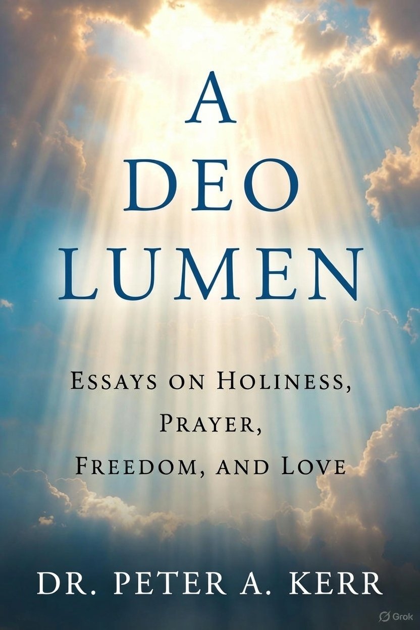 Cover of a book titled "A Deo Lumen" with a background of clouds and sunlight streaming through in the sky, subtitle "Essays on Holiness, Prayer, Freedom, and Love," written by Dr. Peter A. Kerr.