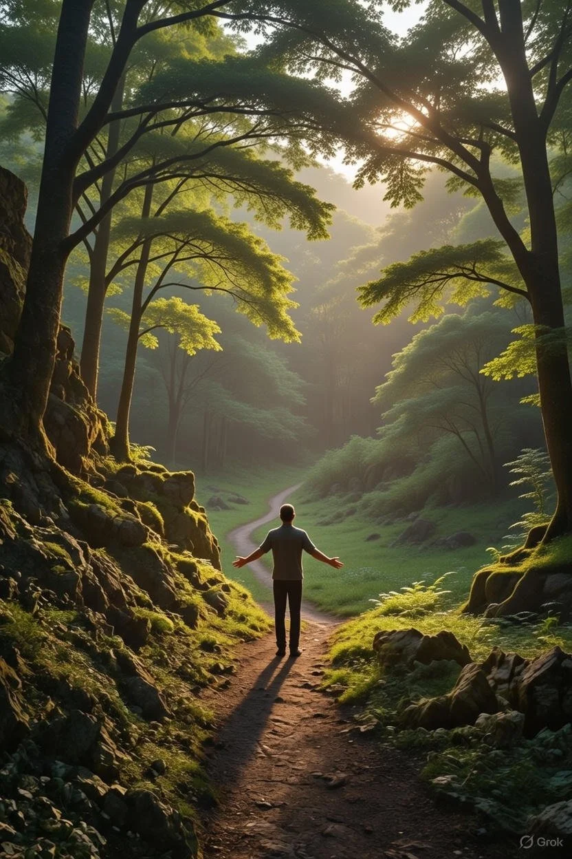 A man standing on a forest trail with his arms outstretched, surrounded by tall trees and sunlight filtering through the foliage.