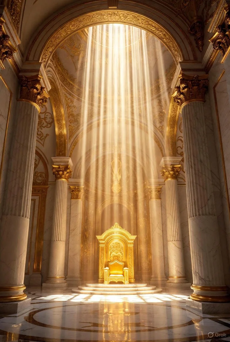 A golden throne in a grand, marble hall with tall columns and ornate gold detailing, illuminated by sunlight streaming down from above.
