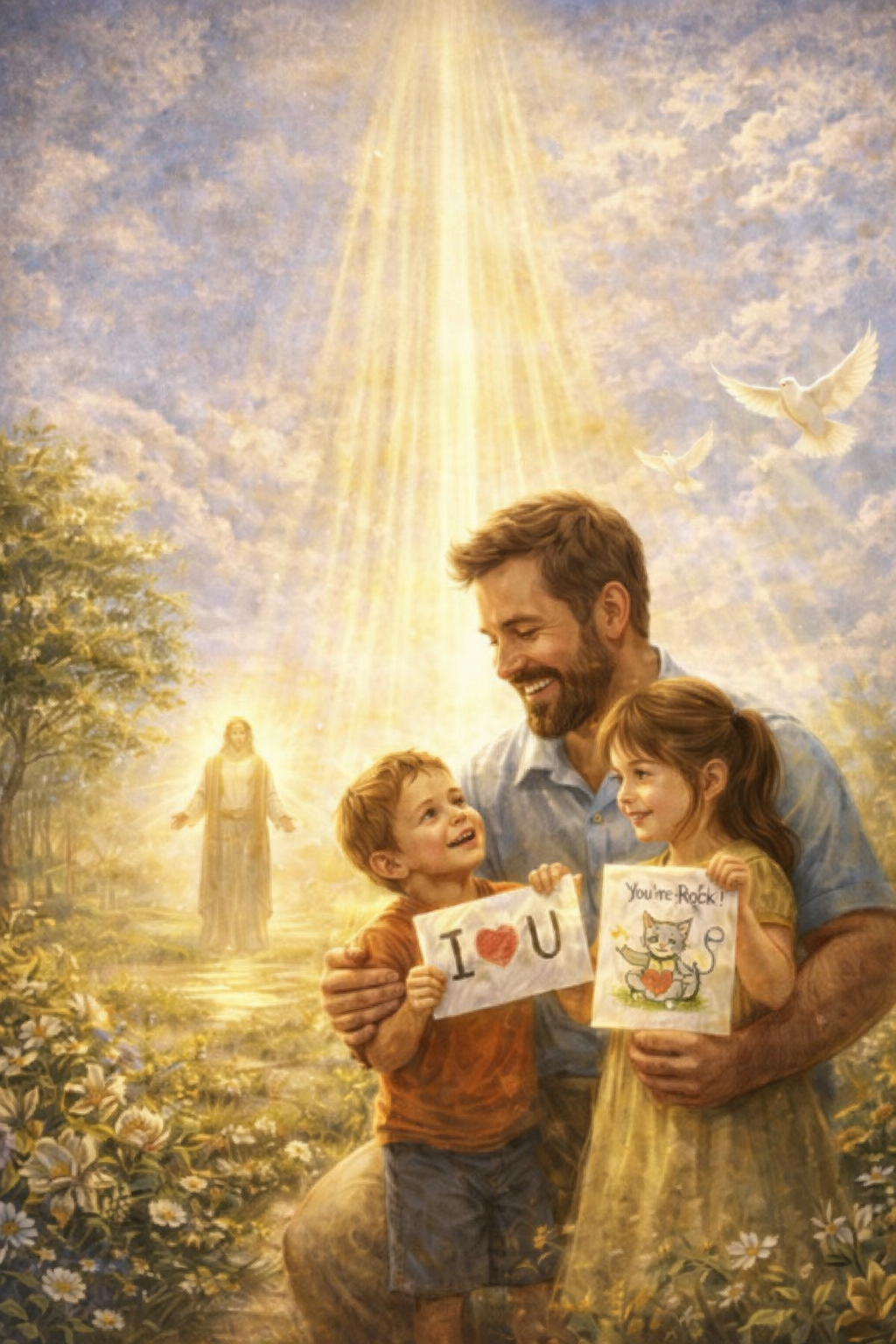 A man with two children, a boy and a girl, in a garden with flowers, holding signs that say "I love you" and "You're rock!" with a bright glowing light shining down from the sky, and a figure resembling Jesus in the background.