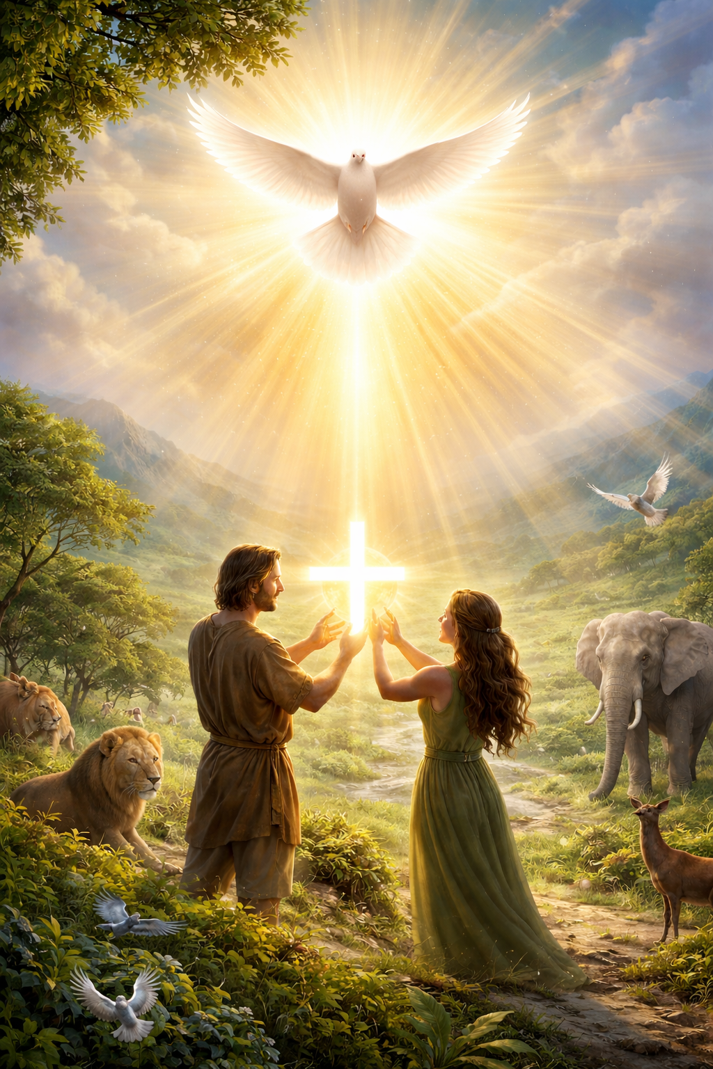 A digital painting of a biblical scene with Jesus and a woman touching a glowing cross, surrounded by lions, elephants, and birds, with a bright dove and a large radiant dove flying above.