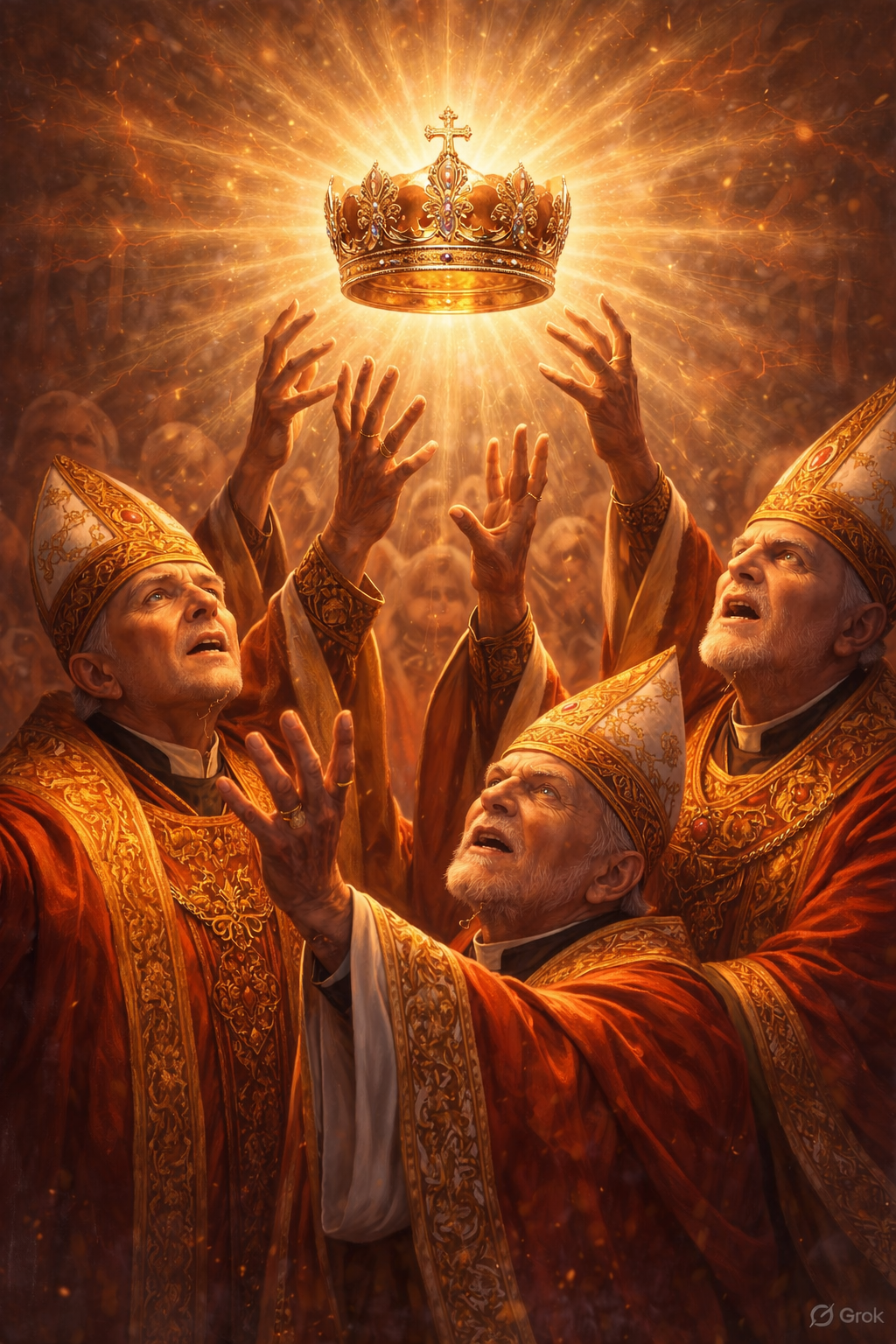 Four priests in ornate robes and miters reach up towards a floating golden crown with a cross, surrounded by radiant light and fiery sparks.