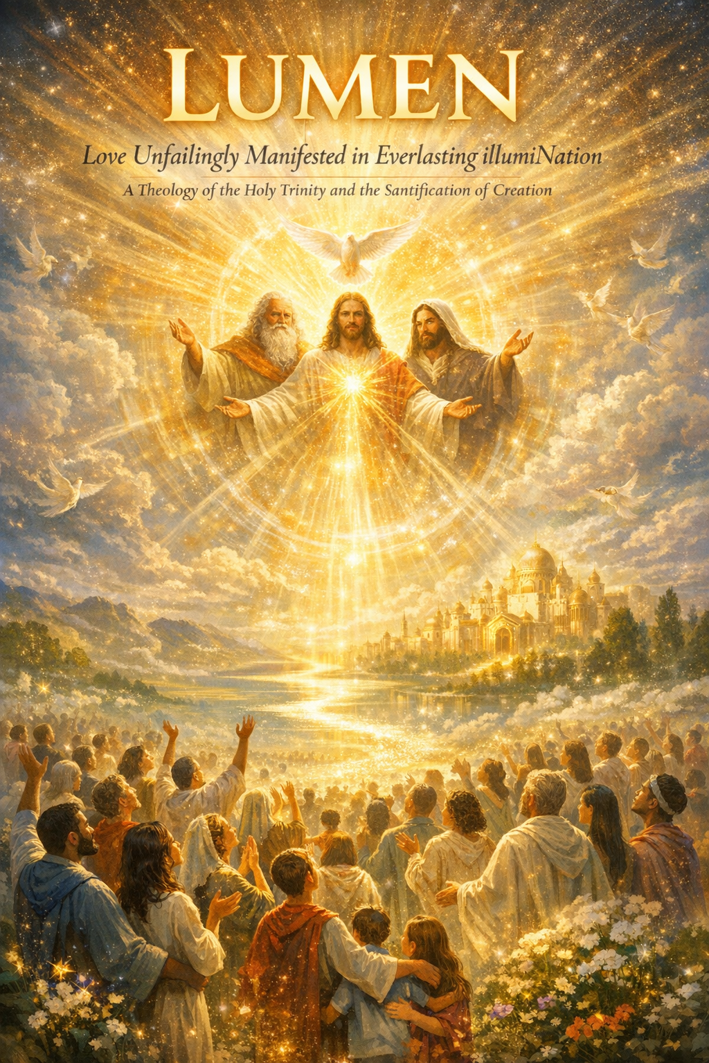 Heavenly scene with Jesus Christ at the center emitting golden light, surrounded by angels, with a large crowd below looking up and reaching out. A city with golden domes is in the background.