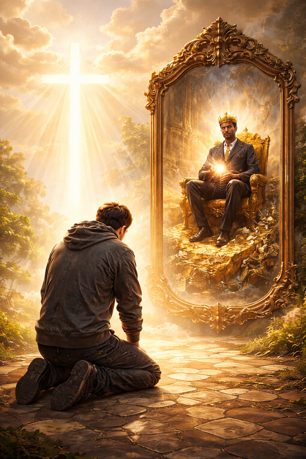 A man kneeling on a stone path gazes at a large ornate mirror embedded in the sky, reflecting a king sitting on a throne with a crown, holding a glowing orb, surrounded by clouds and sunlight.