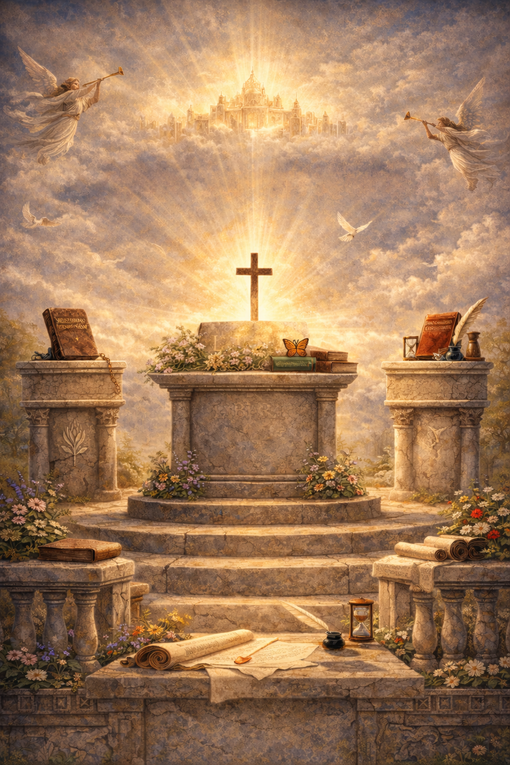 A heavenly scene with a stone altar featuring a cross, surrounded by books, scrolls, and flowers. In the sky, there are angels with trumpets, a shining city in the clouds, and doves flying amidst radiant light.