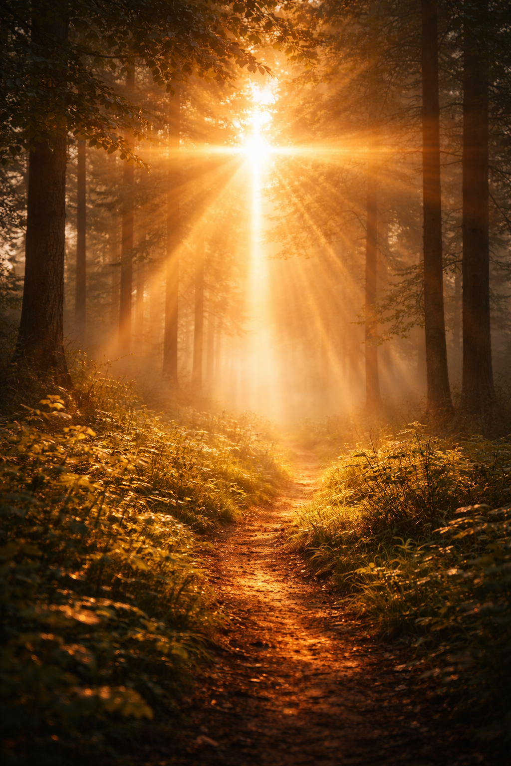 A sunlit forest path with rays of sunlight streaming through trees, creating a warm, golden glow.